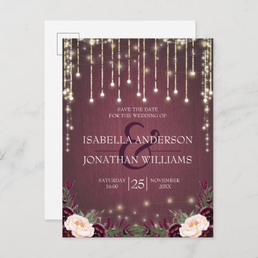 Burgundy素朴 Wood String Lights日付を保存 案内ポストカード (正面/裏面)