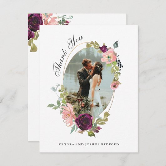 Burgundy結婚と赤面楕円フレームの写真 サンキューカード (正面/裏面)