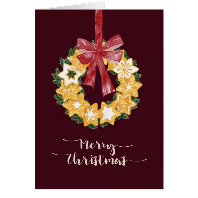 Burgundy背景を持つクリスマスクッキーリース (正面)