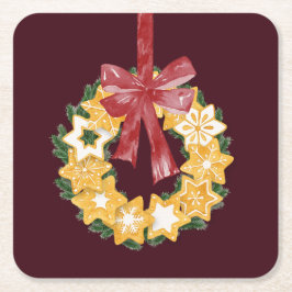 Burgundy背景を持つクリスマスクッキーリース スクエアペーパーコースター
