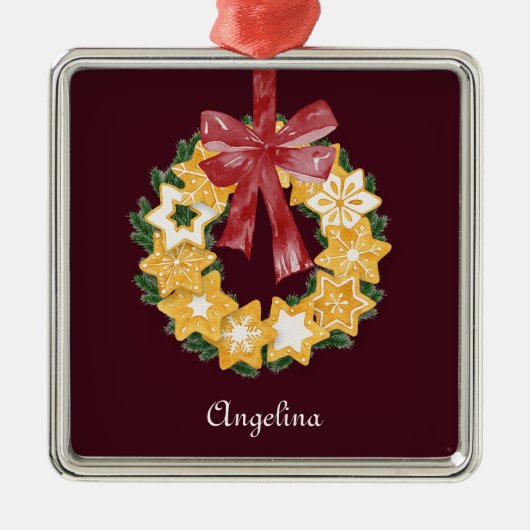 Burgundy背景を持つクリスマスクッキーリース メタルオーナメント (正面)