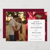 Burgundy赤エレガントと金ゴールドフローラ写真結婚 セーブザデート (正面/裏面)