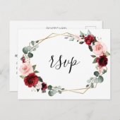 Burgundy赤面フローラモダンジオメトリRSVP ポストカード (正面/裏面)