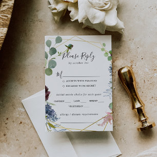 Burgundy金ゴールドジオメト結婚リのメニュー選択RSVP 出欠カード