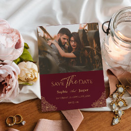 Burgundy金ゴールドフローラ写真Save The Date Card セーブザデート