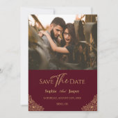Burgundy金ゴールドフローラ写真Save The Date Card セーブザデート (正面)