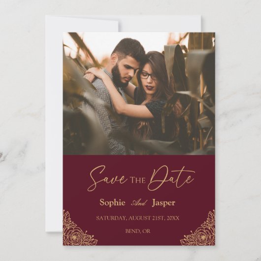 Burgundy金ゴールド結婚フローラの写真Save The Date セーブザデート (正面)