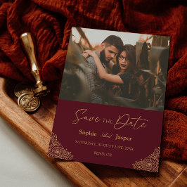 Burgundy金ゴールド結婚フローラの写真Save The Date セーブザデート