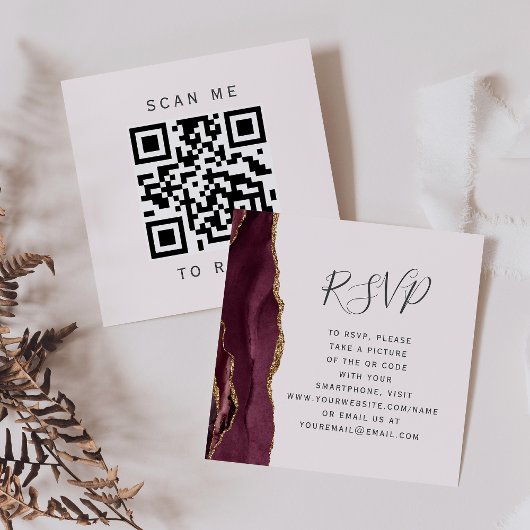 Burgundy金ゴールドAgate赤面結婚のQRコードRSVP エンクロージャーカード