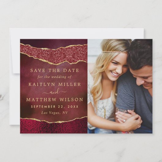 Burgundy エレガント & Agate金ゴールド結婚の写真 セーブザデート (正面)