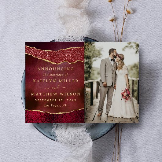 Burgundy エレガント & Agate金ゴールド結婚の写真 案内状