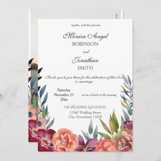 Burgundy エレガント & Plumフローラ写真結婚のV2 招待状 (正面/裏面)