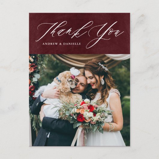Burgundy エレガント Script Vertical結婚's Thank You ポストカード (正面)
