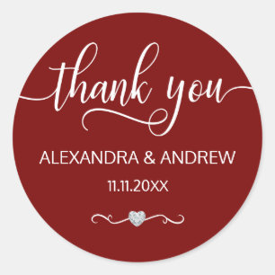 BURGUNDY エレガント White Script's 結婚 Thank You ラウンドシール
