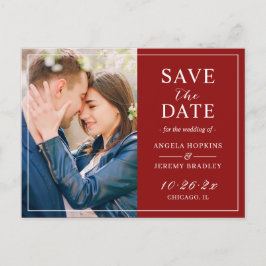 Burgundy モダン Maroon Red Photo Save the Date ポストカード