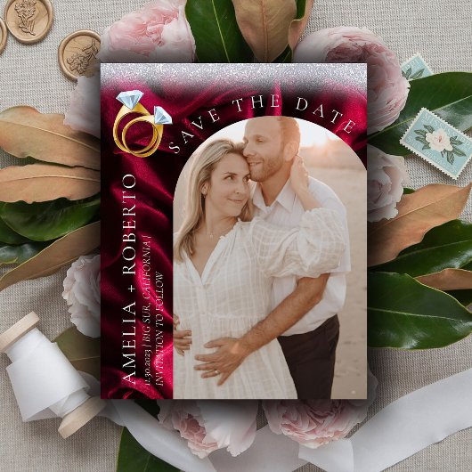 Burgundy モダン Velvet日付の写真カードを保存 チラシ