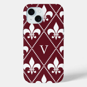 Burgundy(紋章の)フラ・ダ・リ(モノグラム付) iPhone 15ケース