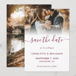Burgundy 2 Photo Wedding Save The Date Card 案内状