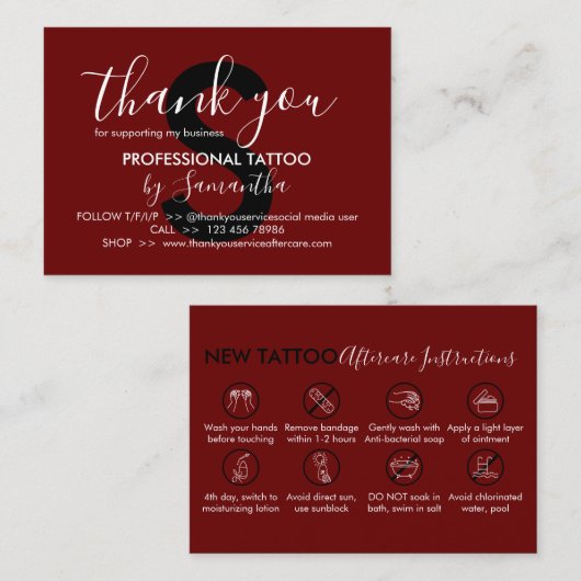 Burgundy Aftercare Instructions Tattoo Thank you 名刺 (正面/裏面)