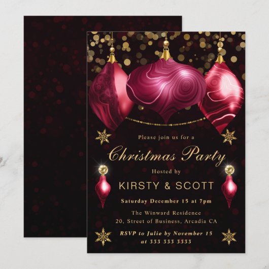 Burgundy Agate Baubles Christmas Dinner Party 招待状 (正面/裏面)