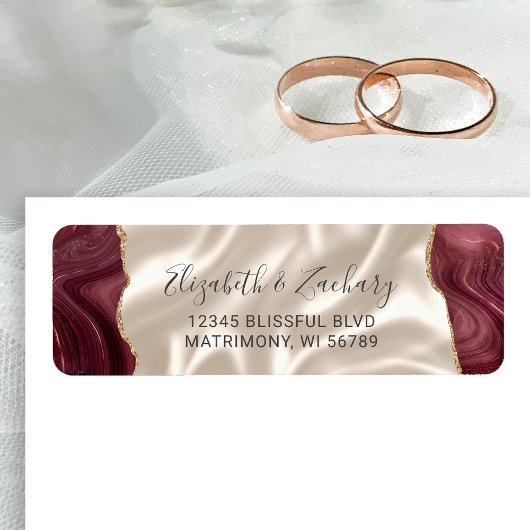 Burgundy Agate Ivory Silk Wedding Return Address ラベル