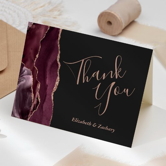 Burgundy Agate Rose Gold Dark Wedding Thank You カード