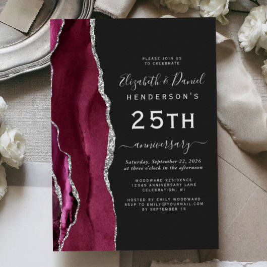 Burgundy Agate Silver Dark 25th Anniversary 招待状