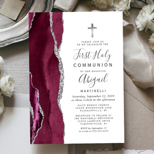 Burgundy Agate Silver Glitter First Holy Communion 招待状
