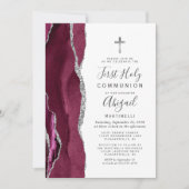 Burgundy Agate Silver Glitter First Holy Communion 招待状 (正面)