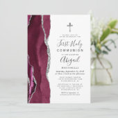 Burgundy Agate Silver Glitter First Holy Communion 招待状 (スタンド正面)