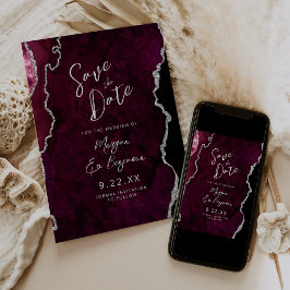 Burgundy Agate Silver Script Wedding Save the Date 招待状