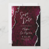 Burgundy Agate Silver Script Wedding Save the Date 招待状 (正面)
