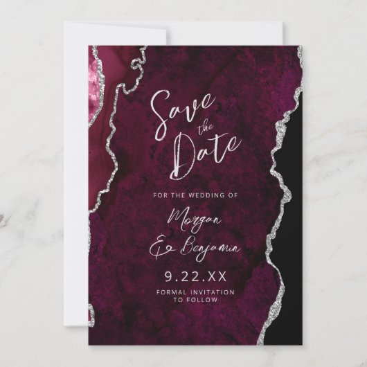 Burgundy Agate Silver Script Wedding Save the Date 招待状 (正面)