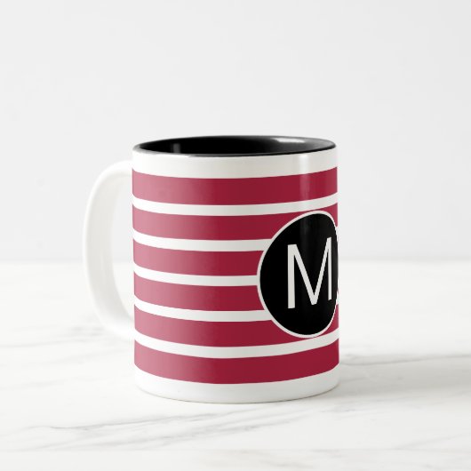 Burgundy and Black Striped Monogram ツートーンマグカップ (正面左)
