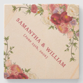 Burgundy and Blush Floral Peony Wedding ストーンコースター