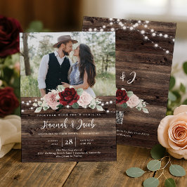 Burgundy and Blush Floral QR Code Rustic Wedding 招待状