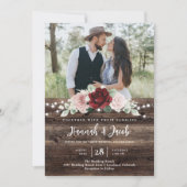 Burgundy and Blush Floral QR Code Rustic Wedding 招待状 (正面)