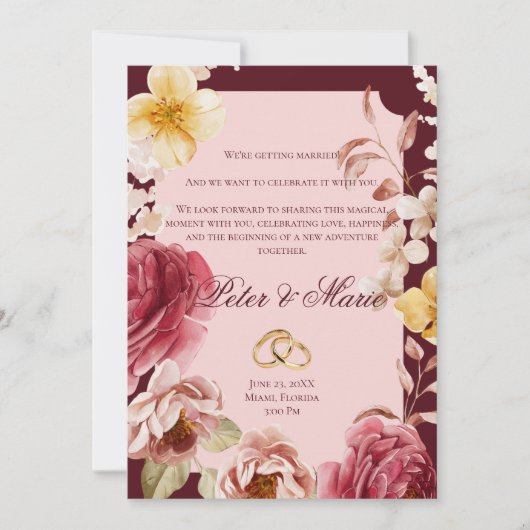 Burgundy and Blush Geometric Floral Wedding 招待状 (正面)
