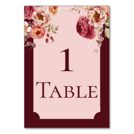 Burgundy and Blush Pink Floral Table Number Card テーブルナンバー