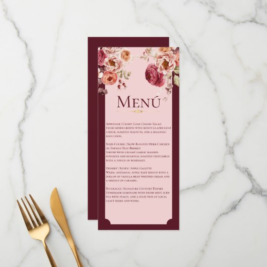 Burgundy and Blush Pink Floral Wedding Menu Card メニュー (正面/裏面インサイチュ)