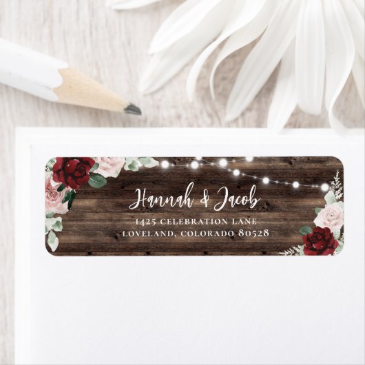 Burgundy and Blush Rustic Wedding Return Address ラベル (インサイチュ)