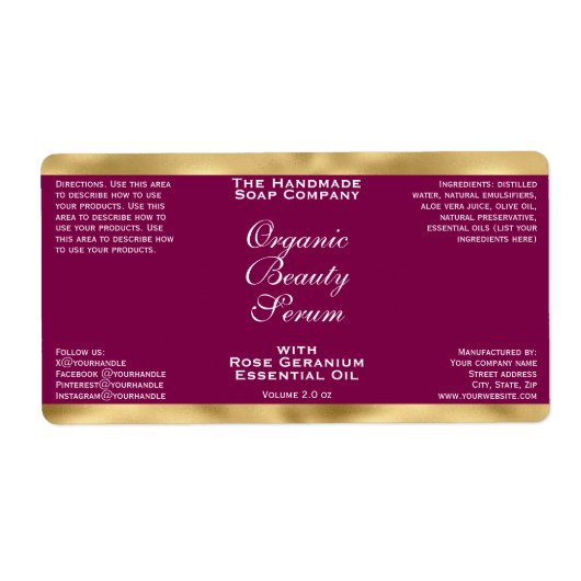 Burgundy and Gold Cosmetics Dropper Bottle Label ラベル (正面)