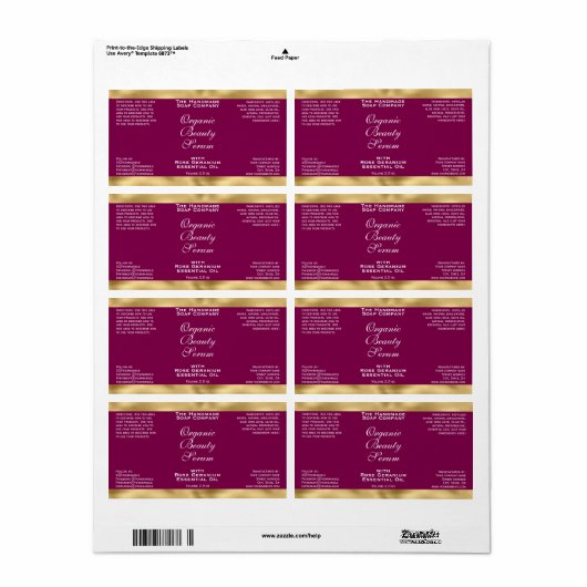 Burgundy and Gold Cosmetics Dropper Bottle Label ラベル (フルシート)