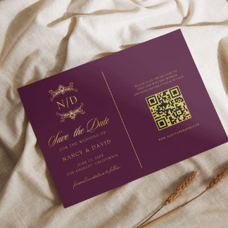 Burgundy And Gold Monogram Qr Code Wedding セーブザデート