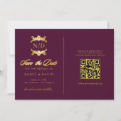Burgundy And Gold Monogram Qr Code Wedding セーブザデート (正面)