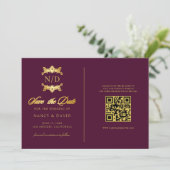 Burgundy And Gold Monogram Qr Code Wedding セーブザデート (スタンド正面)