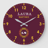 Burgundy and Gold Personalized Custom Monogram ラージ壁時計 (正面)