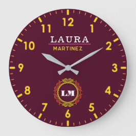 Burgundy and Gold Personalized Custom Monogram  ラージ壁時計
