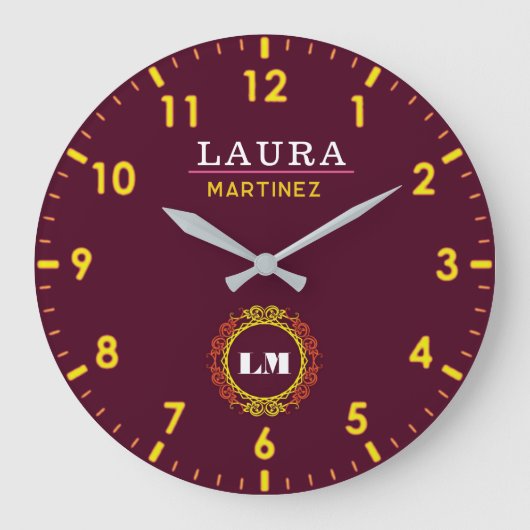 Burgundy and Gold Personalized Custom Monogram  ラージ壁時計 (正面)