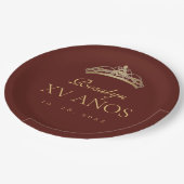 Burgundy and Gold Quinceanera ペーパープレート (アングル)